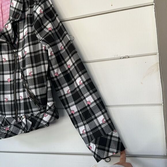 BlackMilk Tartan Heart Moto Jack Women's Size 12 Black Pink Plaid Biker NEW - Picture 7 of 16